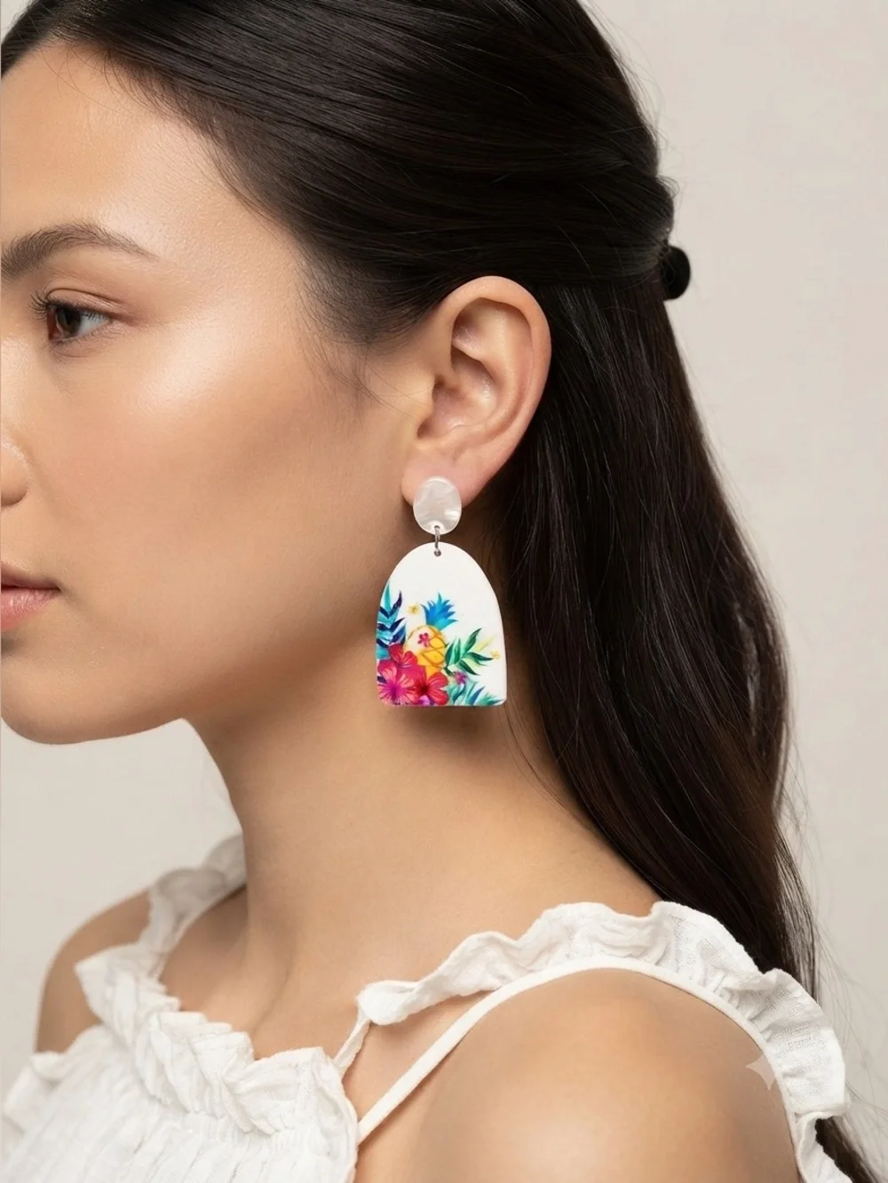 Tropical Acrylic Arch Earrings – Pineapple & Hibiscus Summer Statement